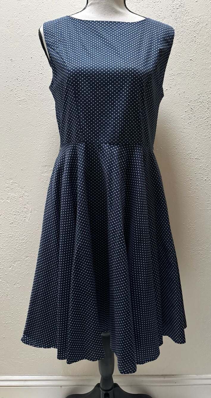 Miss Lulo Navy Blue Heart Print Sleeveless Fit and Flare Dress with Belt